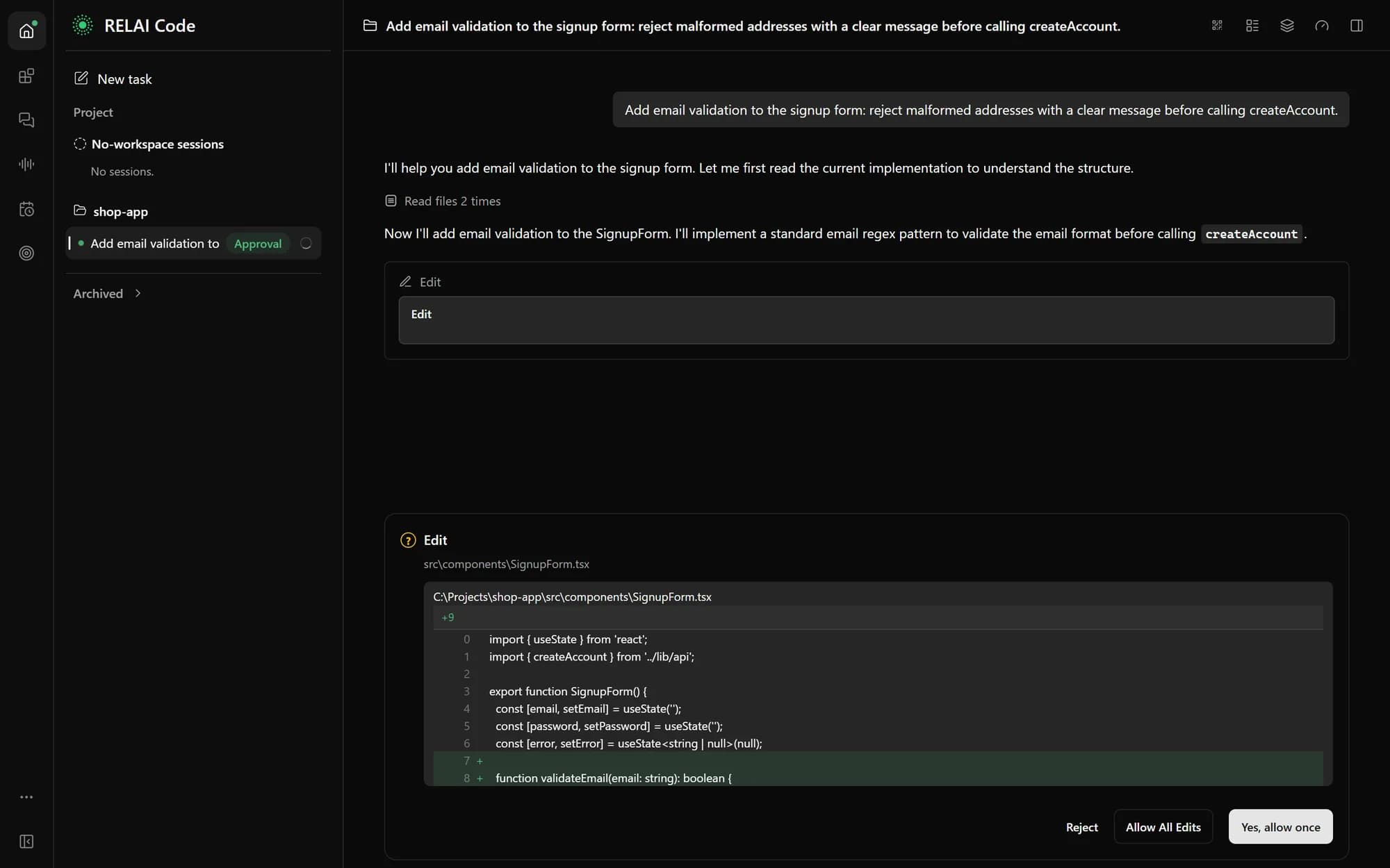 RELAI Code desktop app asking for approval before editing SignupForm.tsx
