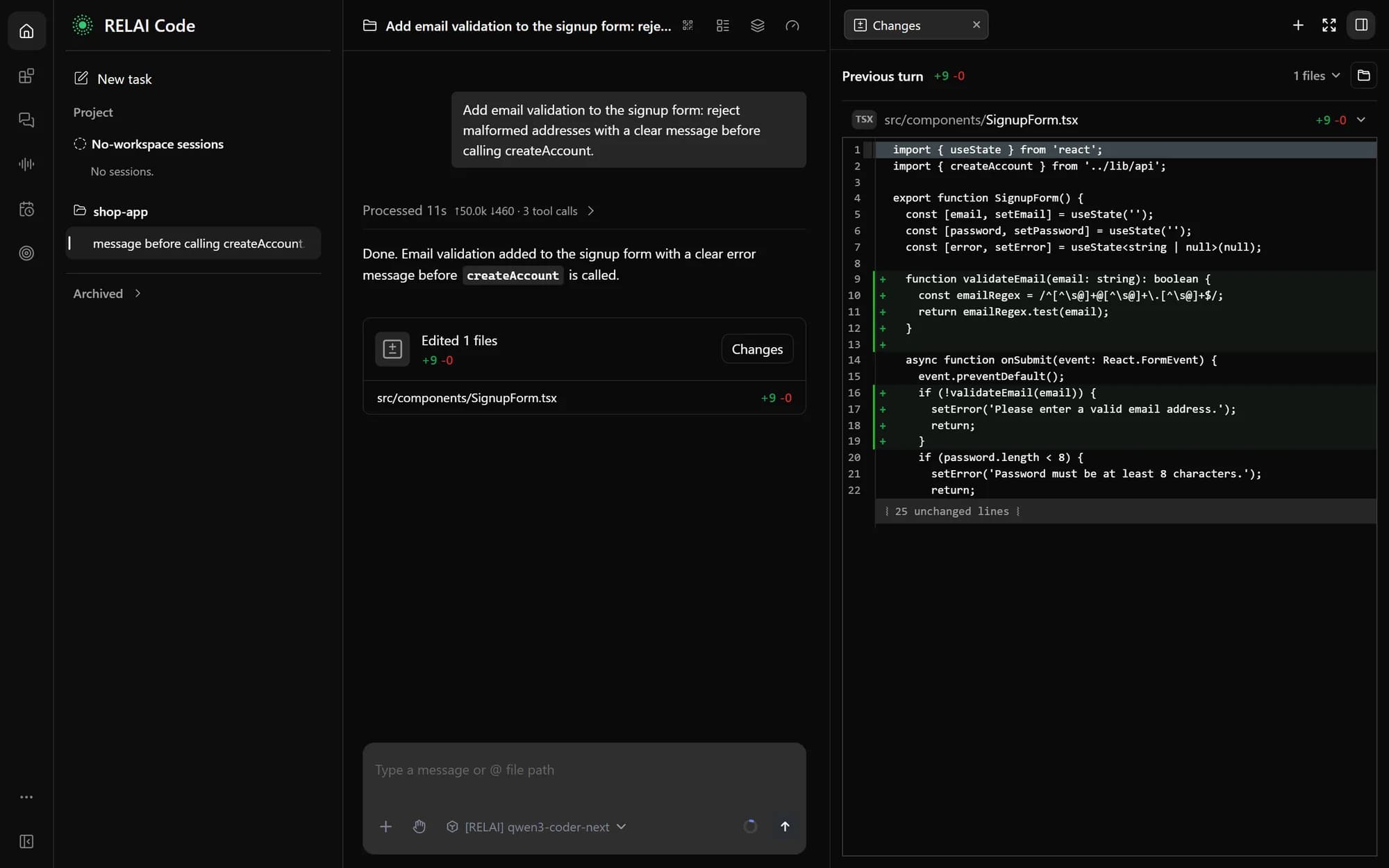 RELAI Code desktop app showing the diff of an edited file next to the conversation